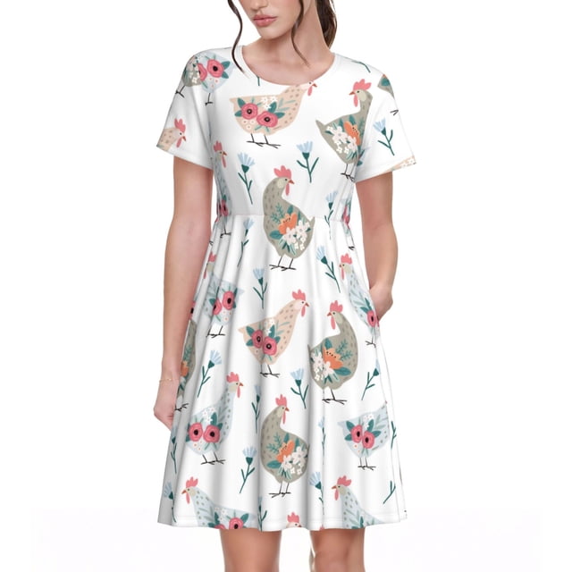Bixox Robe d'Été à Manches Courtes pour Femmes Robe Ample Longueur Genou avec Poches-Dunny Chicken