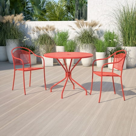 Flash Furniture Commercial Grade 35.25" Round Coral Indoor-Outdoor Steel Patio Table with Umbrella Hole