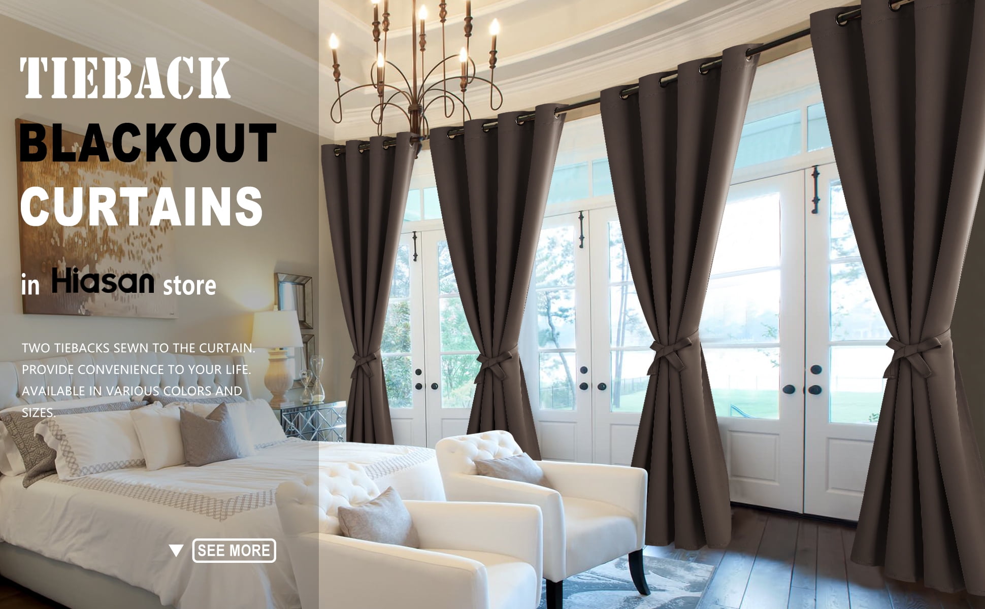 Hiasan Blackout Curtains for Bedroom, 42 x 63 Inches Length - Thermal Insulated & Light Blocking Window Curtains for Living Room, 2 Drape Panels Sewn with Tiebacks, Brown
