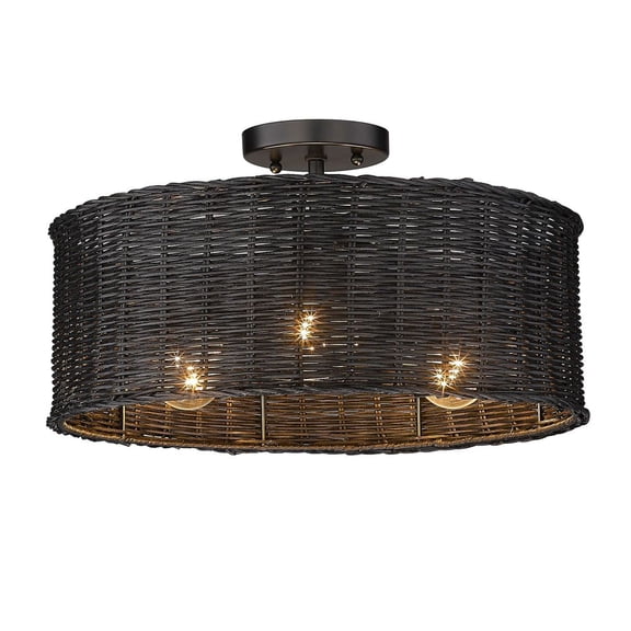 Golden Lighting Erma 3-Light Semi-flush in Matte Black with Black Wicker