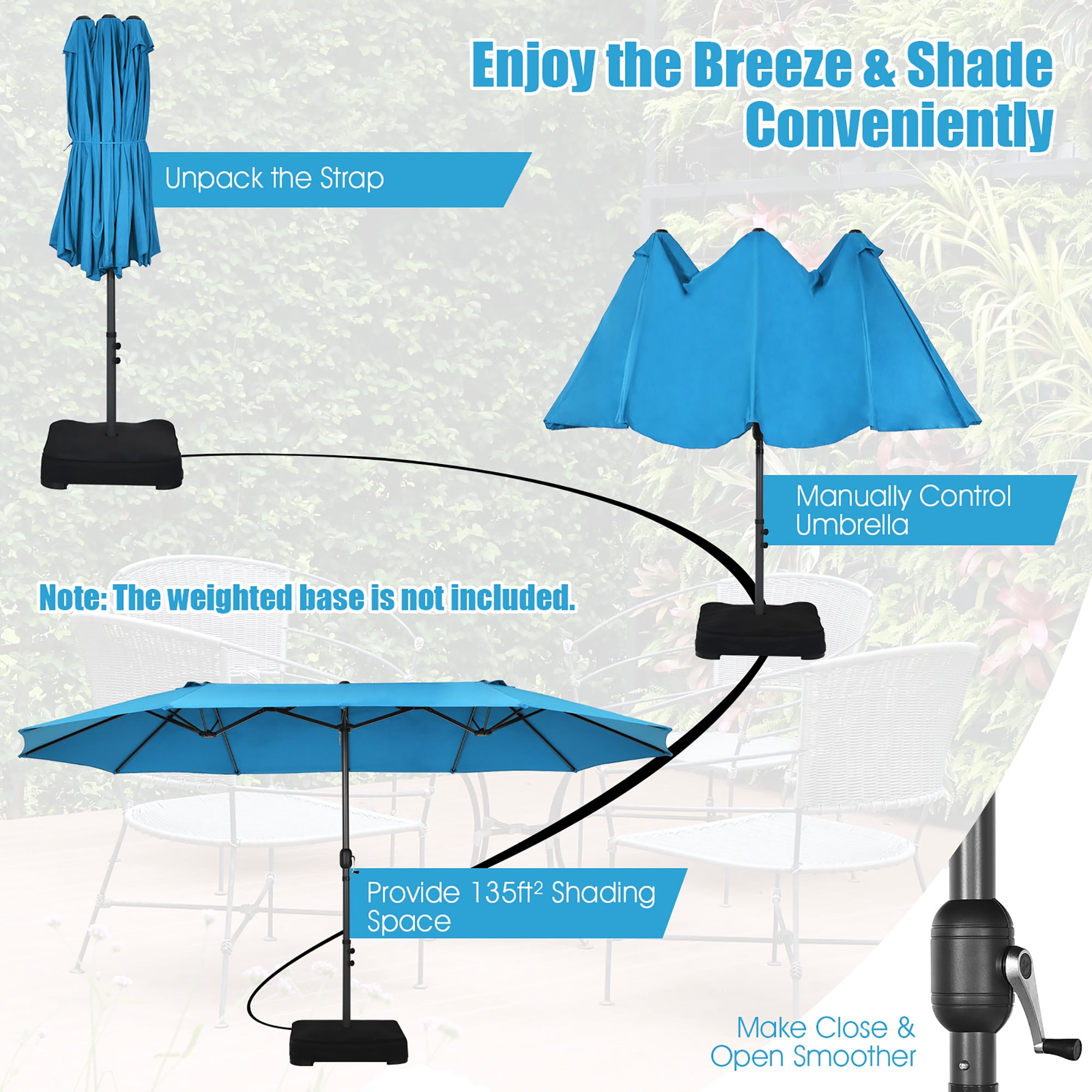 Costway 15ft Blue Patio Double-Sided Market Umbrella, Crank Lift