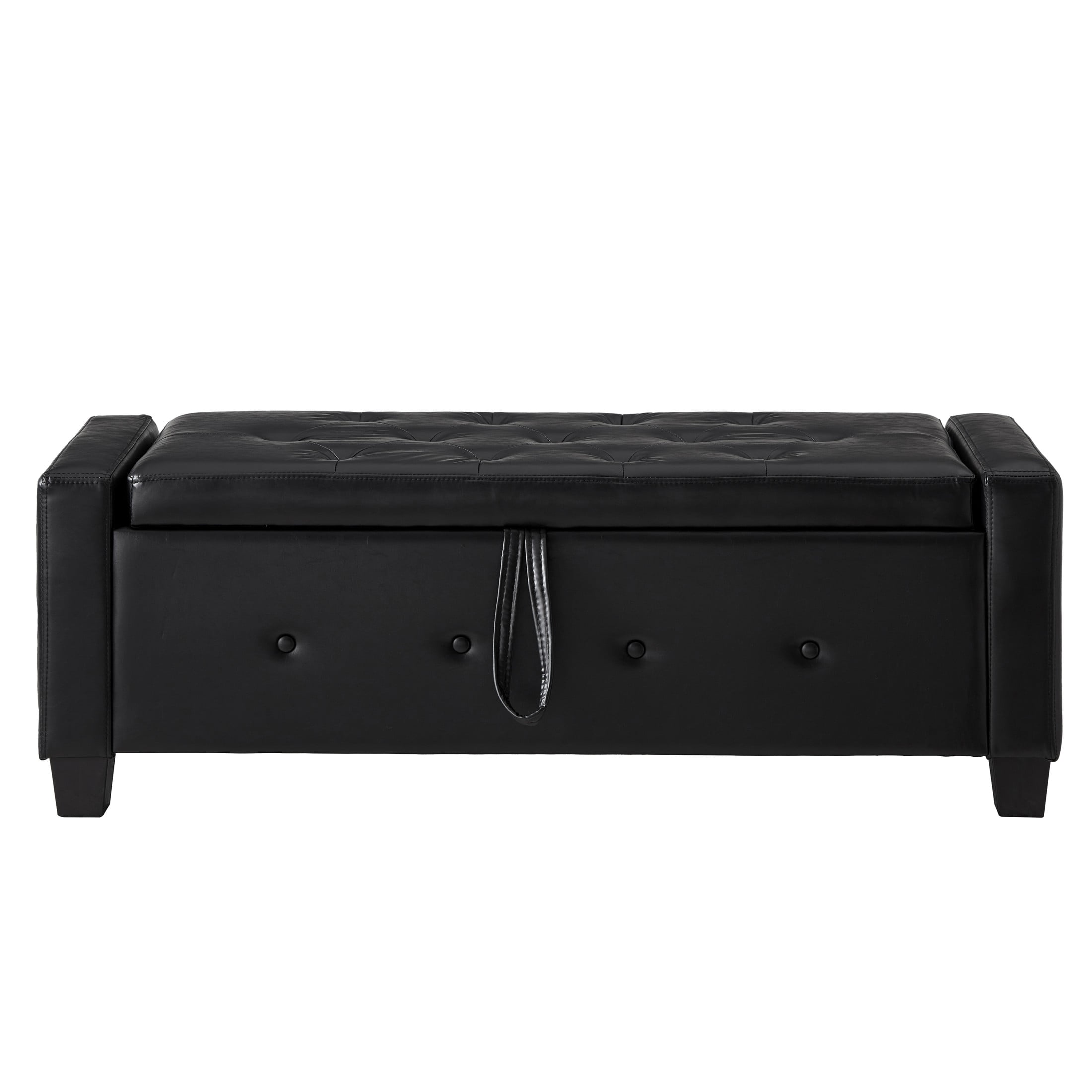 Aukfa 48" Storage Ottoman Bench with Safety Hinges, Upholstered Tufted Faux Leather Bench for Bedroom, Living Room & Entryway, Black