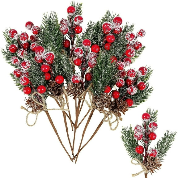 12 Pieces 7.9inch Artificial Pine Picks Christmas Tree Picks with Red Berries Pinecones Bowknot Artificial Pine Branches Stems Frosted Holly Spray for Winter Decoration Xmas Party DIY Crafts