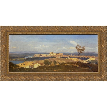 Avignon Seen from Villenueve'les'Avignon 24x15 Gold Ornate Wood Framed Canvas Art by Corot, Jean Baptiste