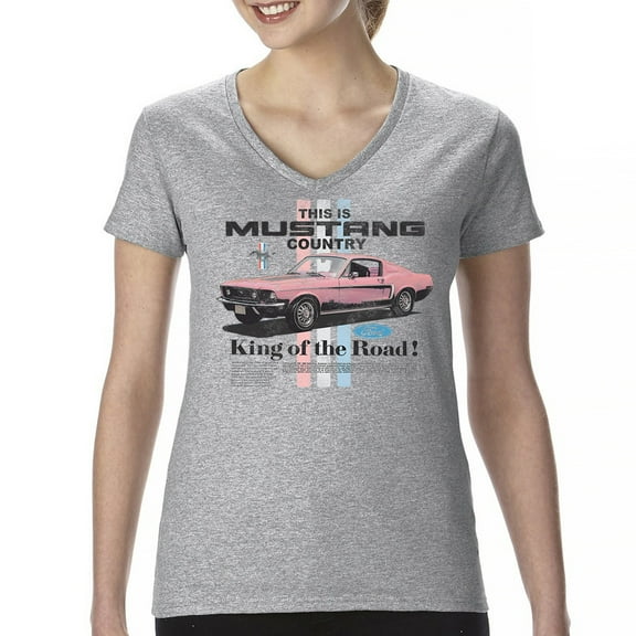 This Is Mustang Country Women's V-Neck T-shirt Legendary Performance Pink Muscle Car Shelby Mach 1 Boss GT Licensed Tee