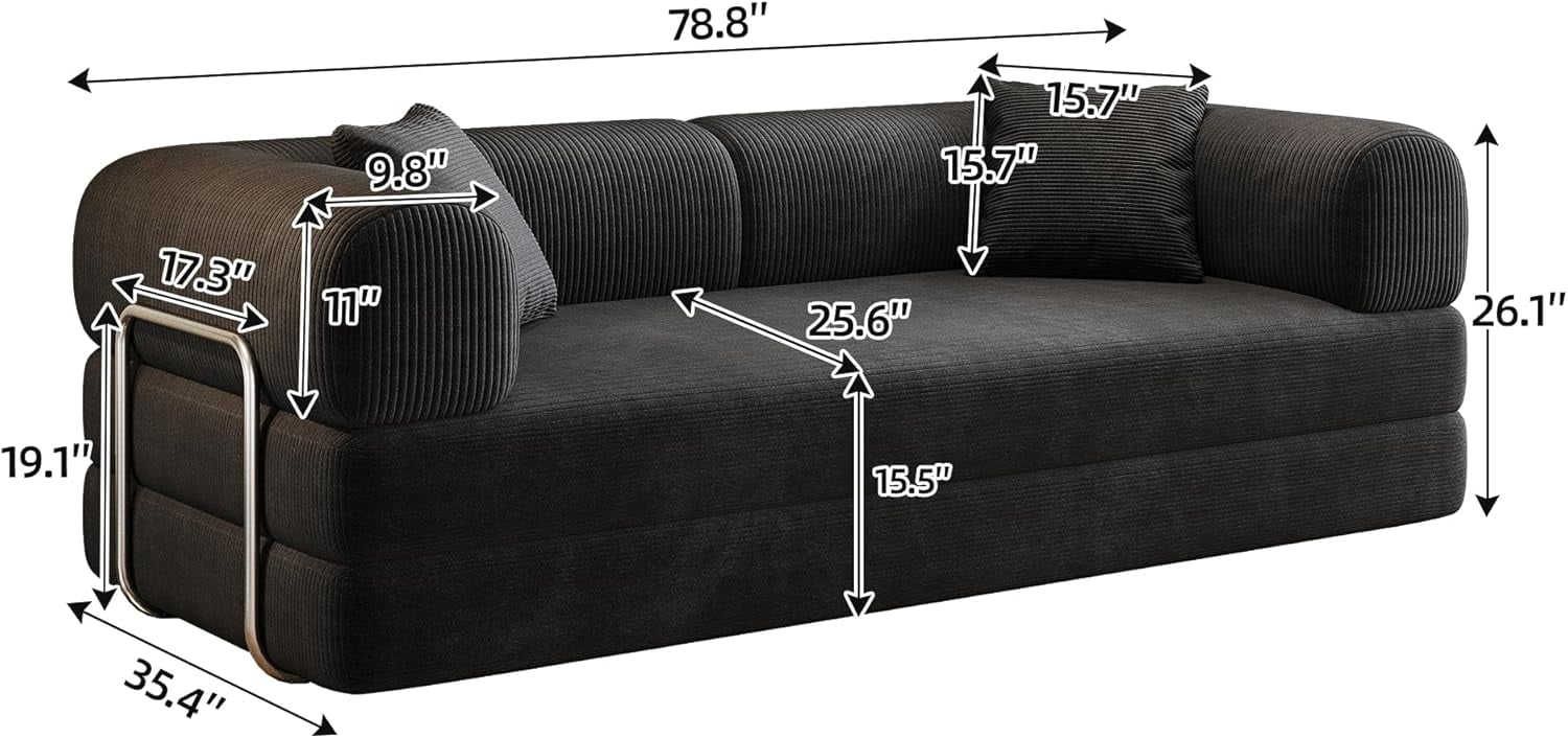 Howcool 79" Convertible Sofa Bed, Corduroy Folding Pull Out Couch with Pillows, Boneless Compression Sofa in a Box, Floor Sofa with Support Rods for Living Room, Black