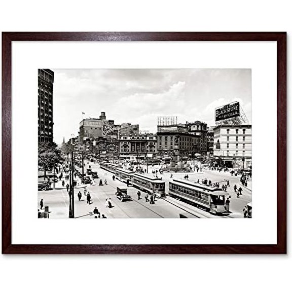 Vintage Photo Cityscape Black and White Picture Woodward Avenue Traffic 1917 Life Detroit Artwork Framed Wall Art Print 12X16 Inch