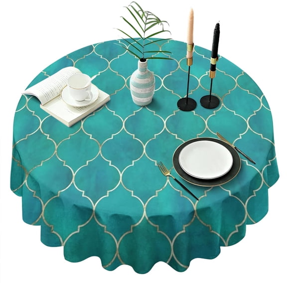 Teal and Gold Geometric Lattice Pattern Round Tablecloth 60"x60",Wrinkle Wipeable Table Cloth for Kitchen Dining Room Picnic Patio Party
