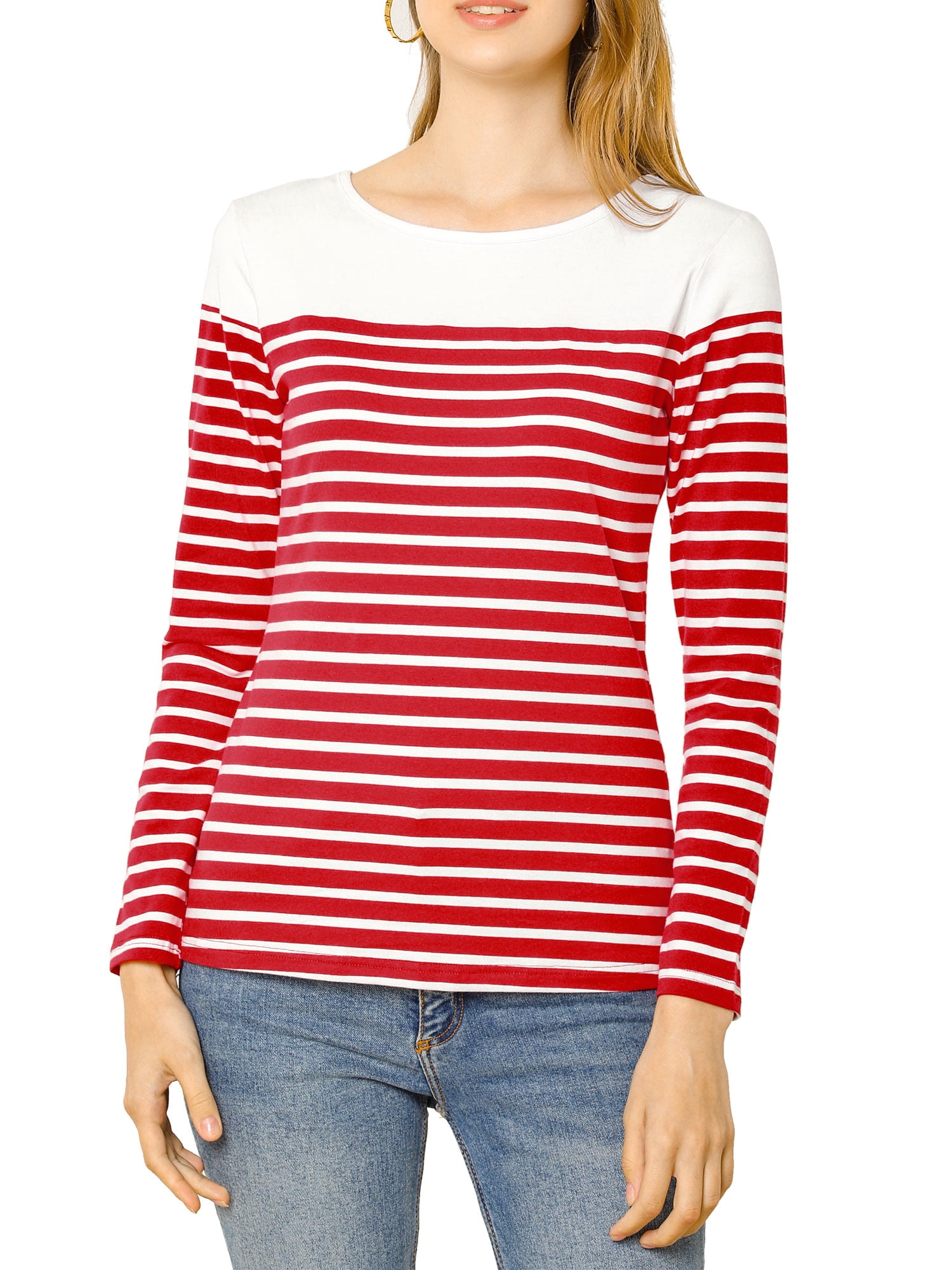 DARING DIVA Women's Color Block Striped Knit Top Long Sleeves T-Shirt S Red-White
