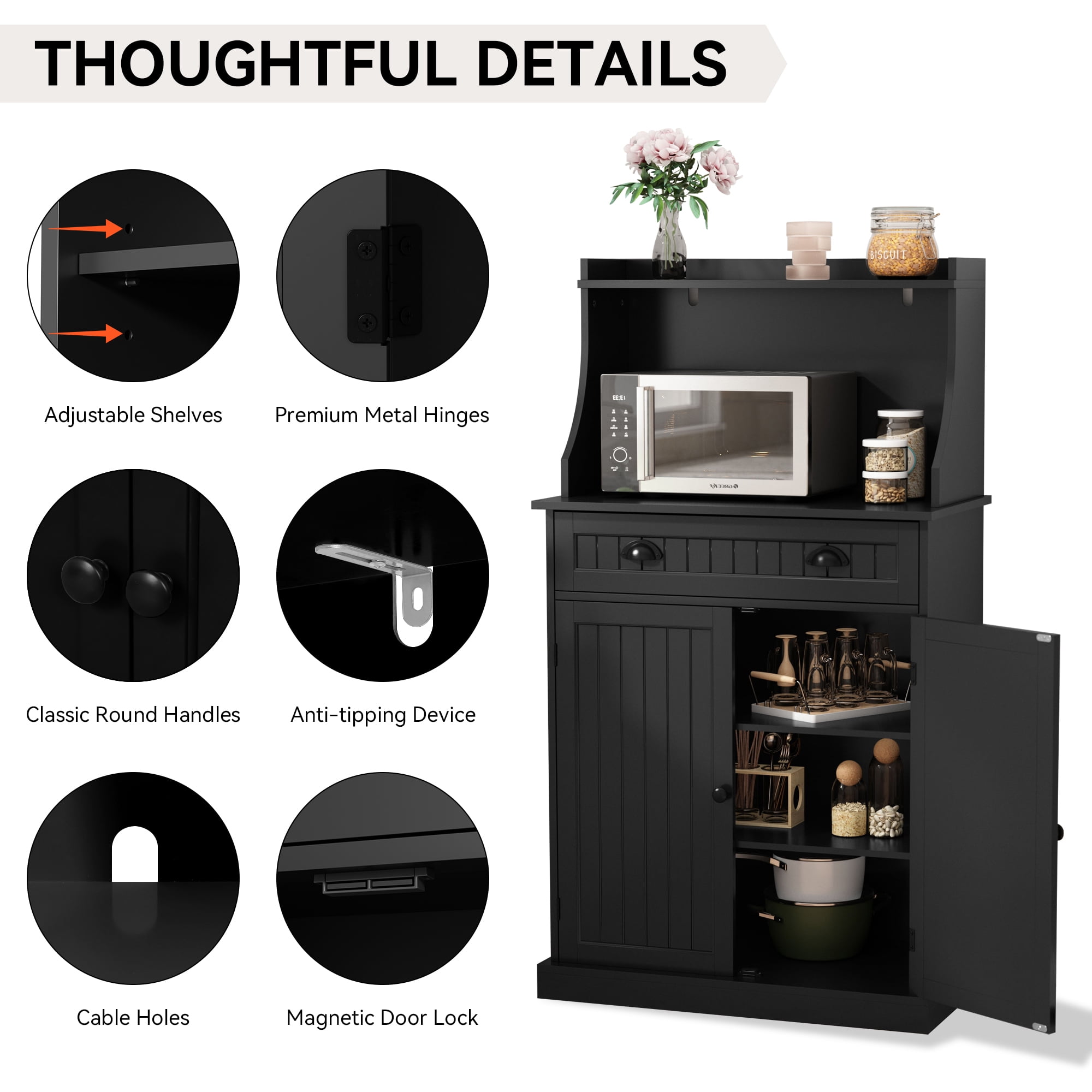CBJCBJ 54" Kitchen Pantry Cabinet with Door & Shelves, Sideboard Buffet Cabinet with Microwave Stand for Dining Room, Black