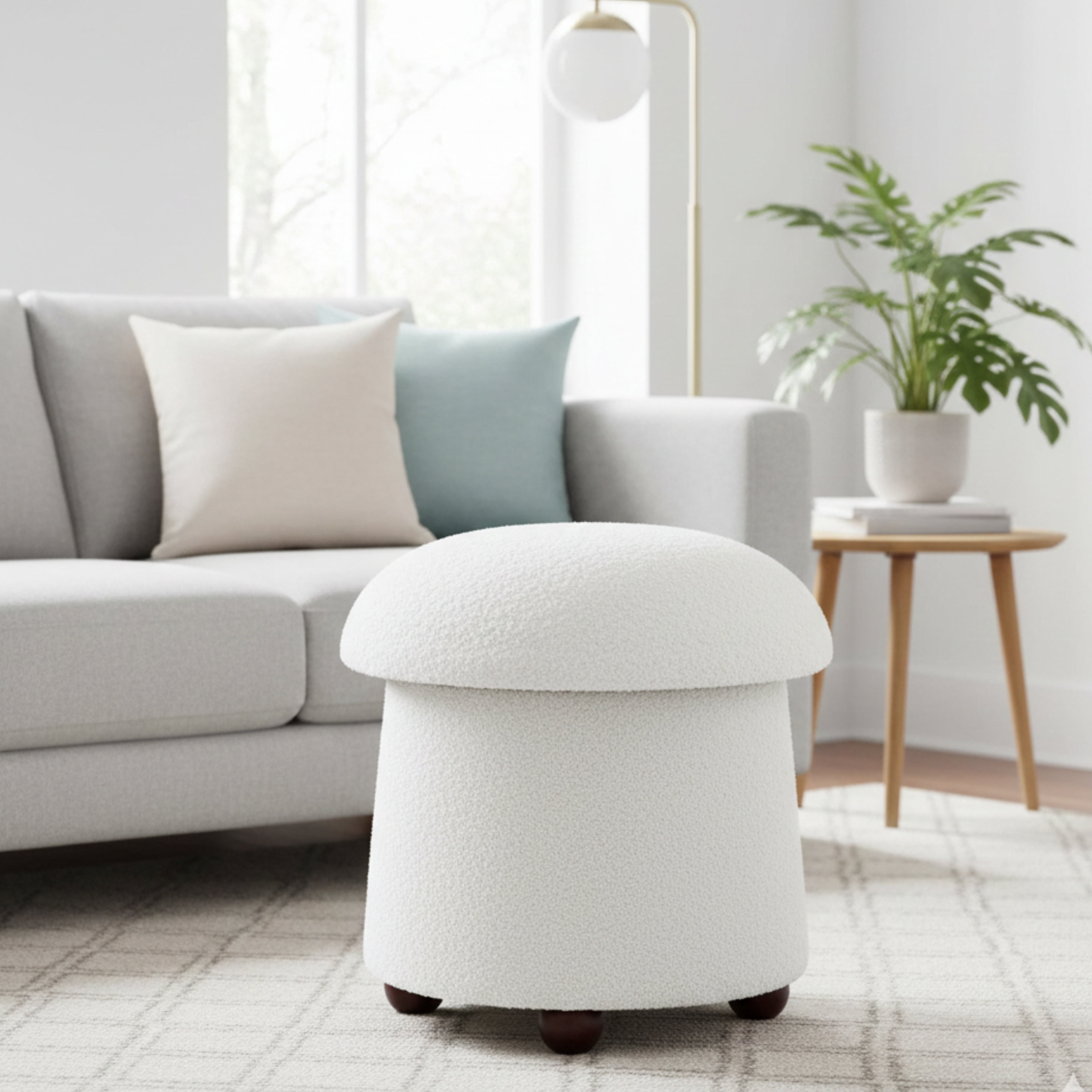 Aria Home Modern Fabric Mushroom Storage Ottoman Footrest Accent Seat Living Room, Cream