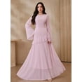 thumbnail image 3 of Pink Solid Color Bell Sleeve Ruffle Hem Flowy Maxi Dress For Women, 3 of 8