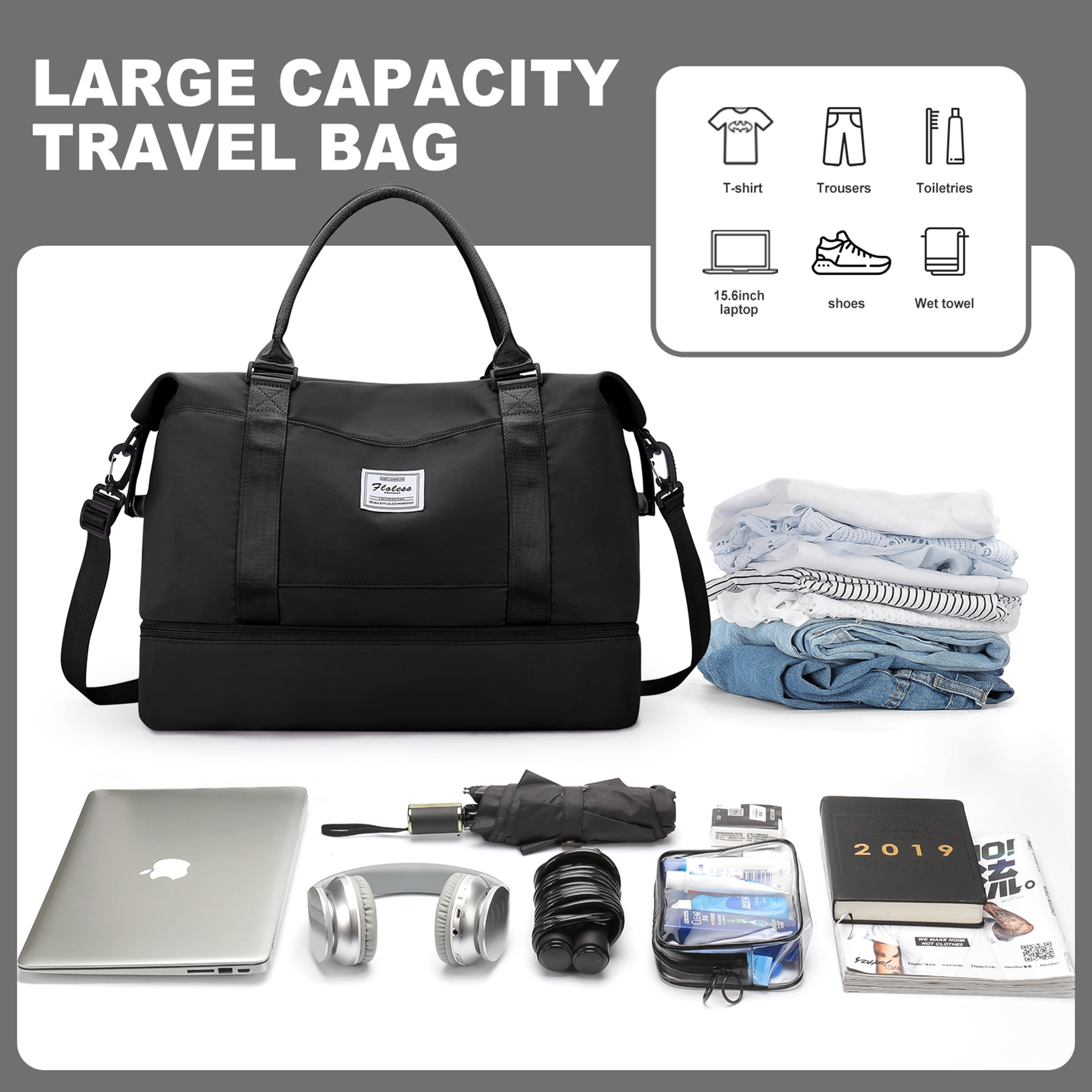 Weekender Bags for Women, Travel Duffel Bags with Shoe Compartment, Personal Item Travel Bag for Airlines, Carry on Overnight Tote Bag for women, Black
