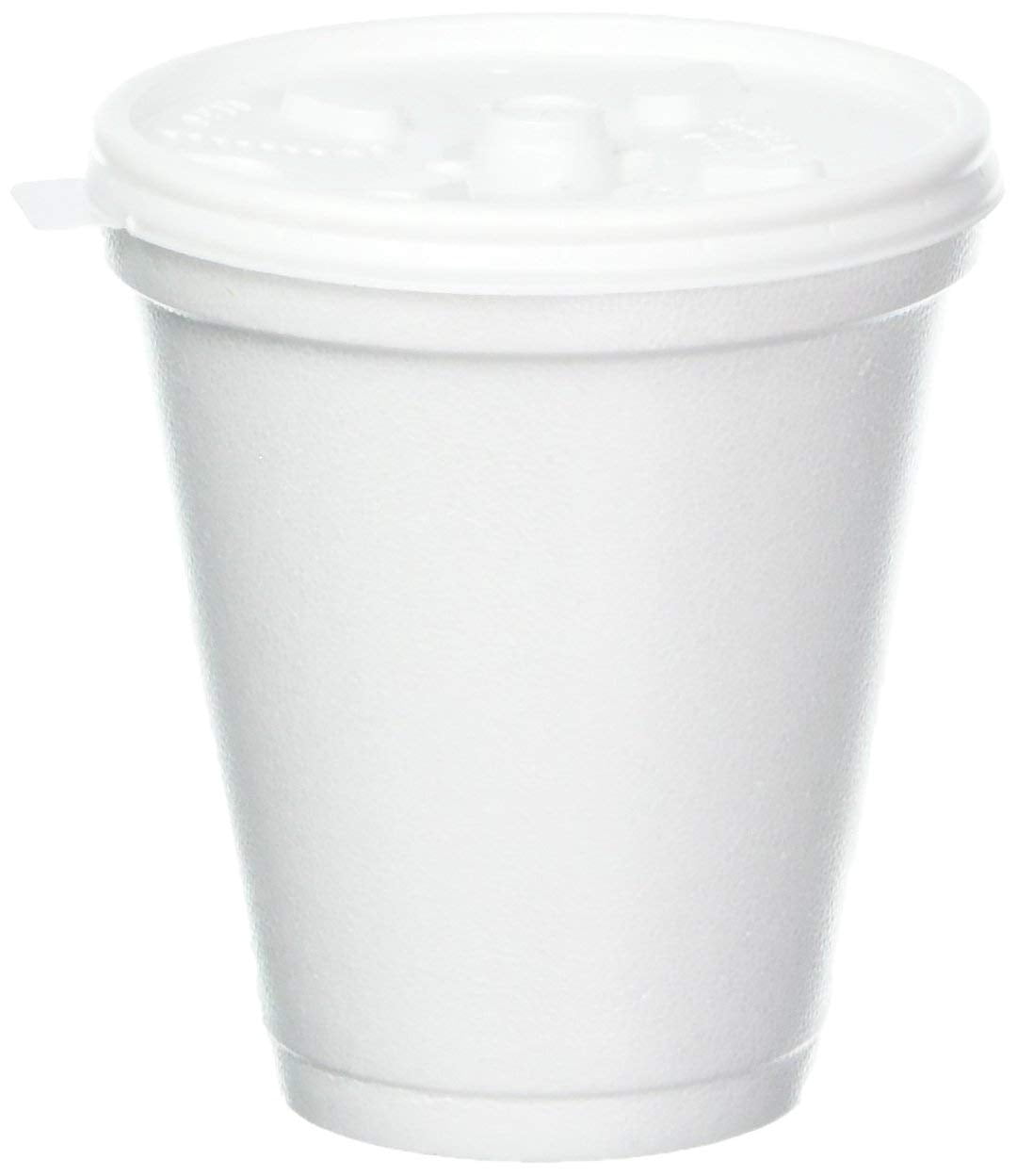 White disposable coffee foam cups (pack of 100 with lids)