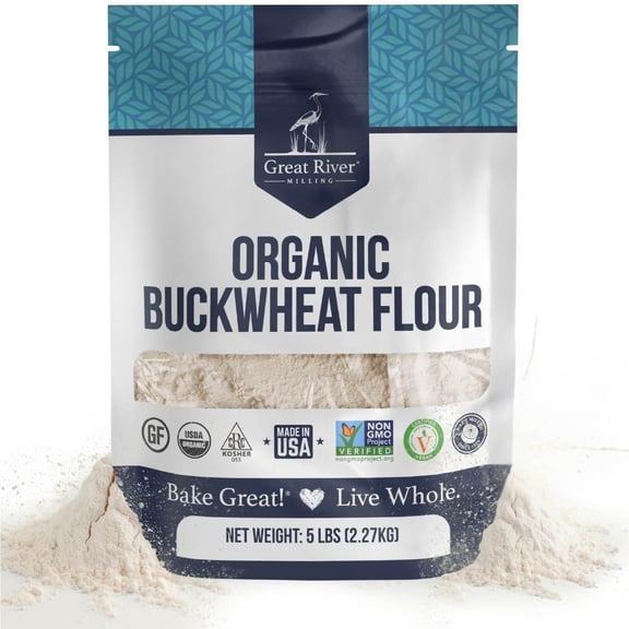 Great River Organic Milling Organic Buckwheat Flour  Gluten Free Flour Alternative  USDA Organic, Non-GMO, Kosher  Ideal for Crepes, Pancakes, Waffles, Baking & More  5 Lb