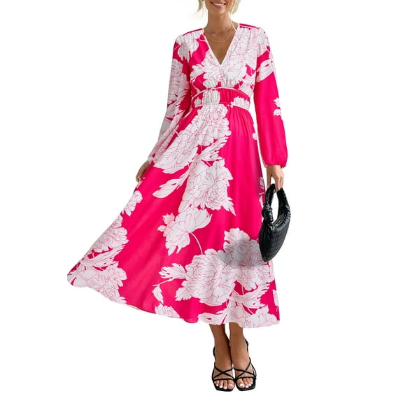 PRETTYGARDEN Women's Spring Floral Midi Dress Casual Fall V Neck Long Sleeve Flowy Beach Wedding Guest Vacation Dresses