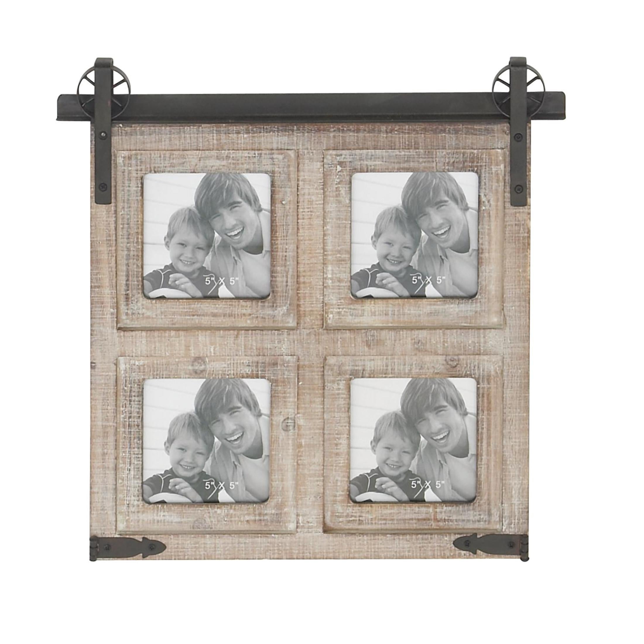 DecMode 4-Opening 5" x 5" Barn Door Brown People Wall Photo Frame with Black Metal Accents
