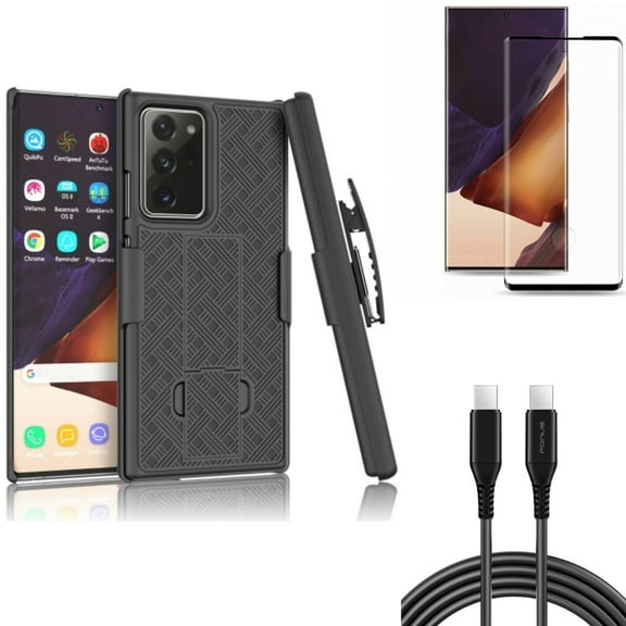 Screen Protector & Case Belt Clip & 6ft Long USB-C Cable for Samsung Galaxy Note 20 Ultra (6.9") - Combo with Tempered Glass (Fingerprint Unlock) & Holster Swivel & PD Fast Charger Cord Power