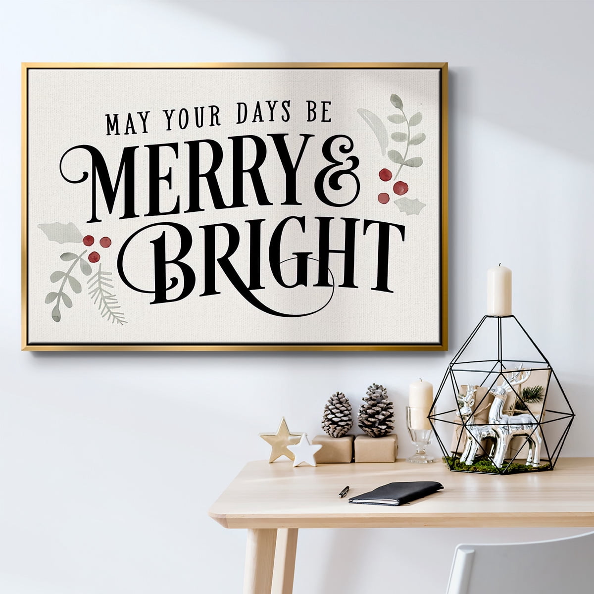 Merry Sentiment II - Framed Gallery Wrapped Holiday Canvas - 17 x 25 - Gold Frame