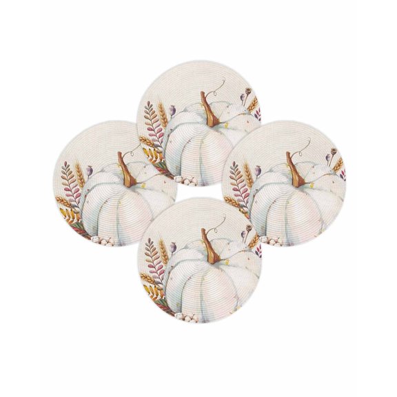 Fall Round Placemats Set of 4 White Pumpkin Place Mats Thanksgiving Woven Placemat Harvest Cotton Leaves Wheat Ears Linen Circle Braided Table Mat for Kitchen Dining Table Party Home Decor 15 Inch