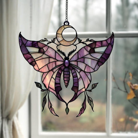 Purple Luna Butterfly Acrylic Suncatcher, Full Moon Faux Stained Glass Window Hanging, Celestial Boho Decor Gift For Witchy Homes