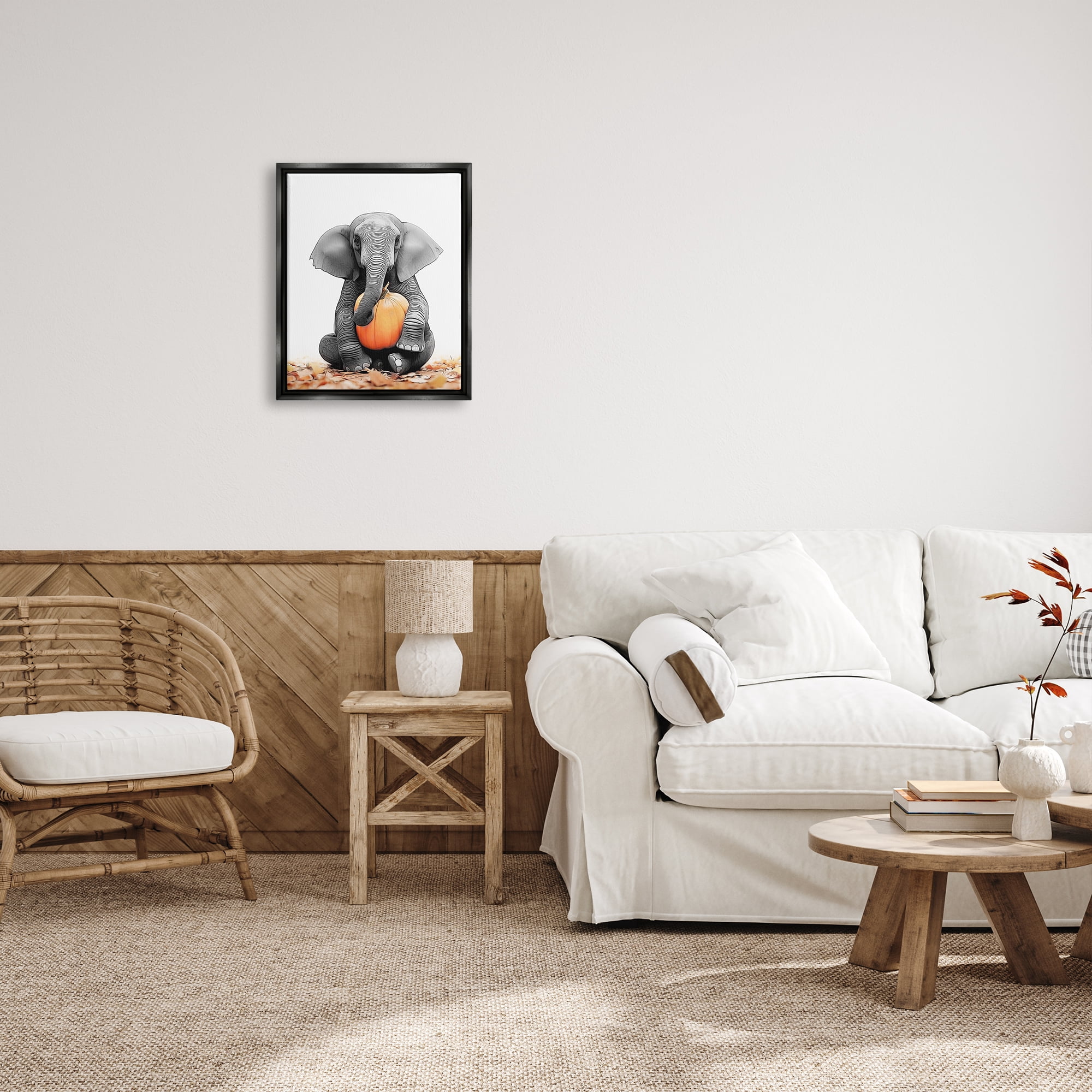 Stupell Industries Elephant in Autumn Leaves Holiday Painting Black Floater Framed Canvas Art Print Wall Art, 17 x 21