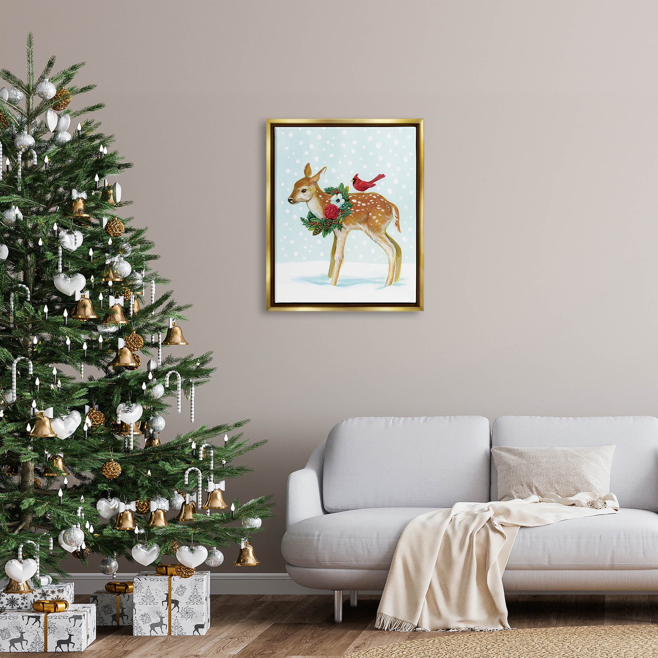 Stupell Industries Snowy Deer Holiday Cardinal Graphic Art Metallic Gold Floating Framed Canvas Print Wall Art, Design by Laura Marr