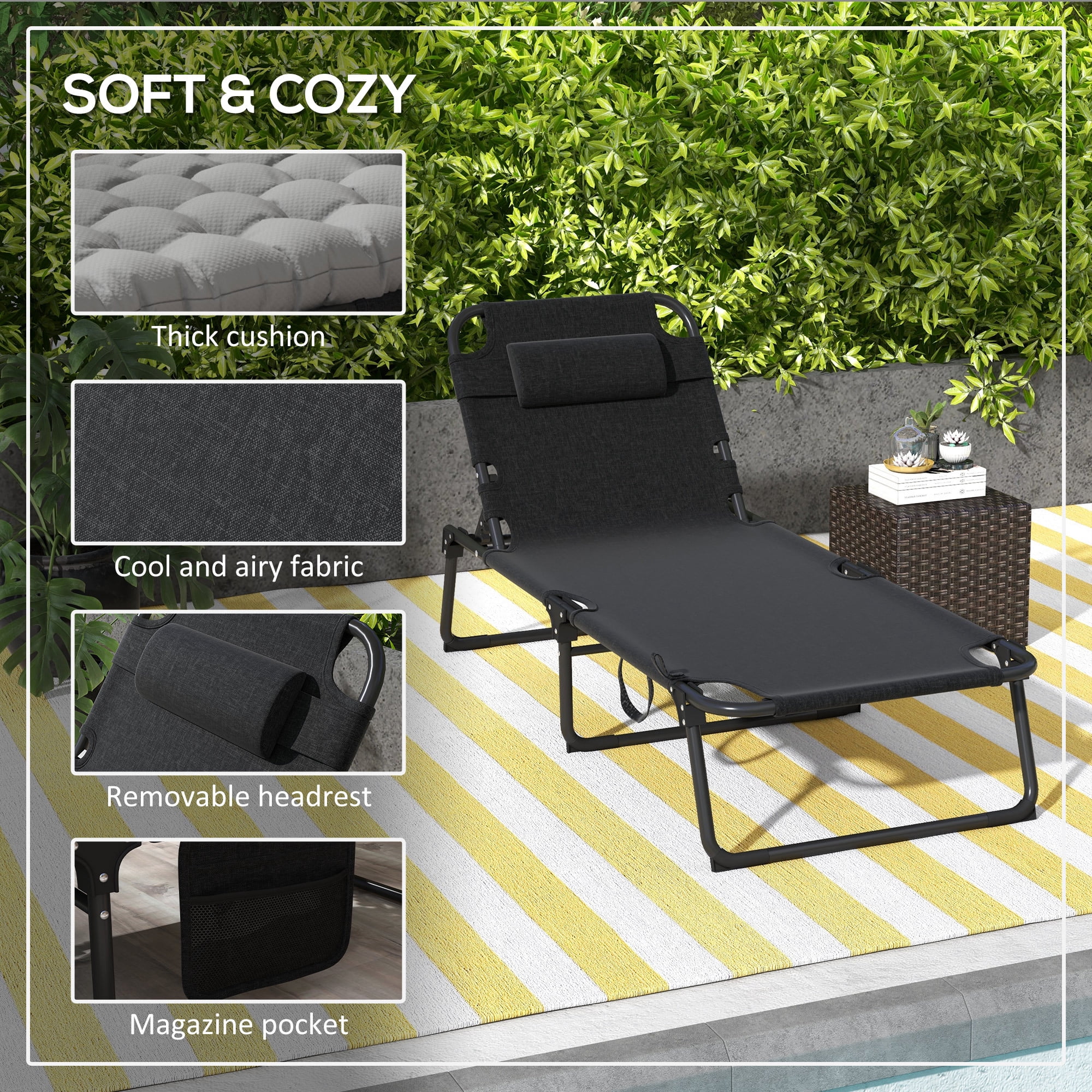 Outdoor Chaise, Adjustable Folding Chaise Lounge with 4-position Backrest, Magazine Pocket,