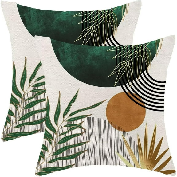 Boho Mid Century Pillow Covers 16x16 Set of 2, Boho Leaves Abstract Throw Pillowcase Geometric Aesthetic Sunset Outdoor Farmhouse Cushion Cover for Sofa Couch Bed Living Room Decor