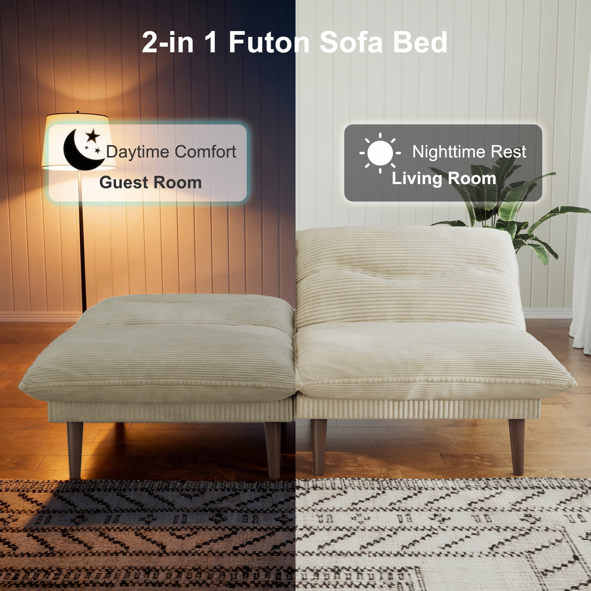 LLappuil 75" Futon Convertible Sofa Bed, Corduroy Loveseat Sleeper Sofa Couch for Living Room Beige