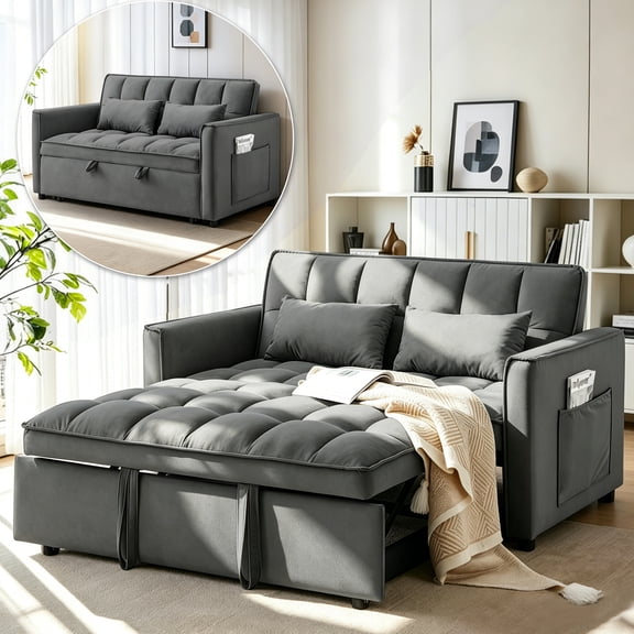 AISWORD Convertible Sofa Bed, 3 in 1 Pull Out Sleeper Loveseat Couch with Storage, Dark Gray