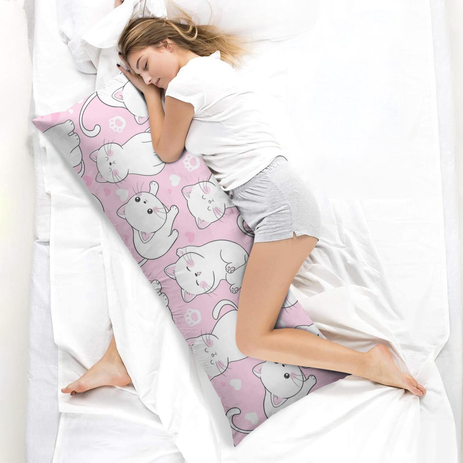 Long Body Pillow Cover – Soft & Breathable, Hidden Zipper, 20"x54", Cute Cat & Paw Print – Perfect Gift for Cat Lovers, Side Sleepers, Pregnancy Support, Pet-Themed Decor