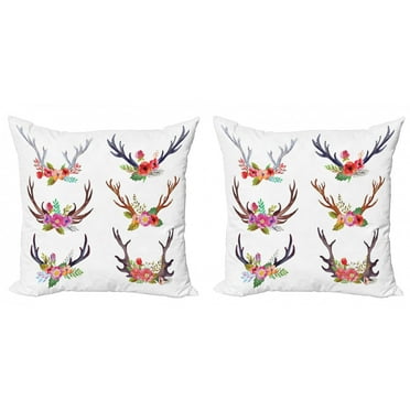Ambesonne Antlers Throw Pillow Cover 2 Pack, Bouquet Animal Flowers, 18", Multicolor