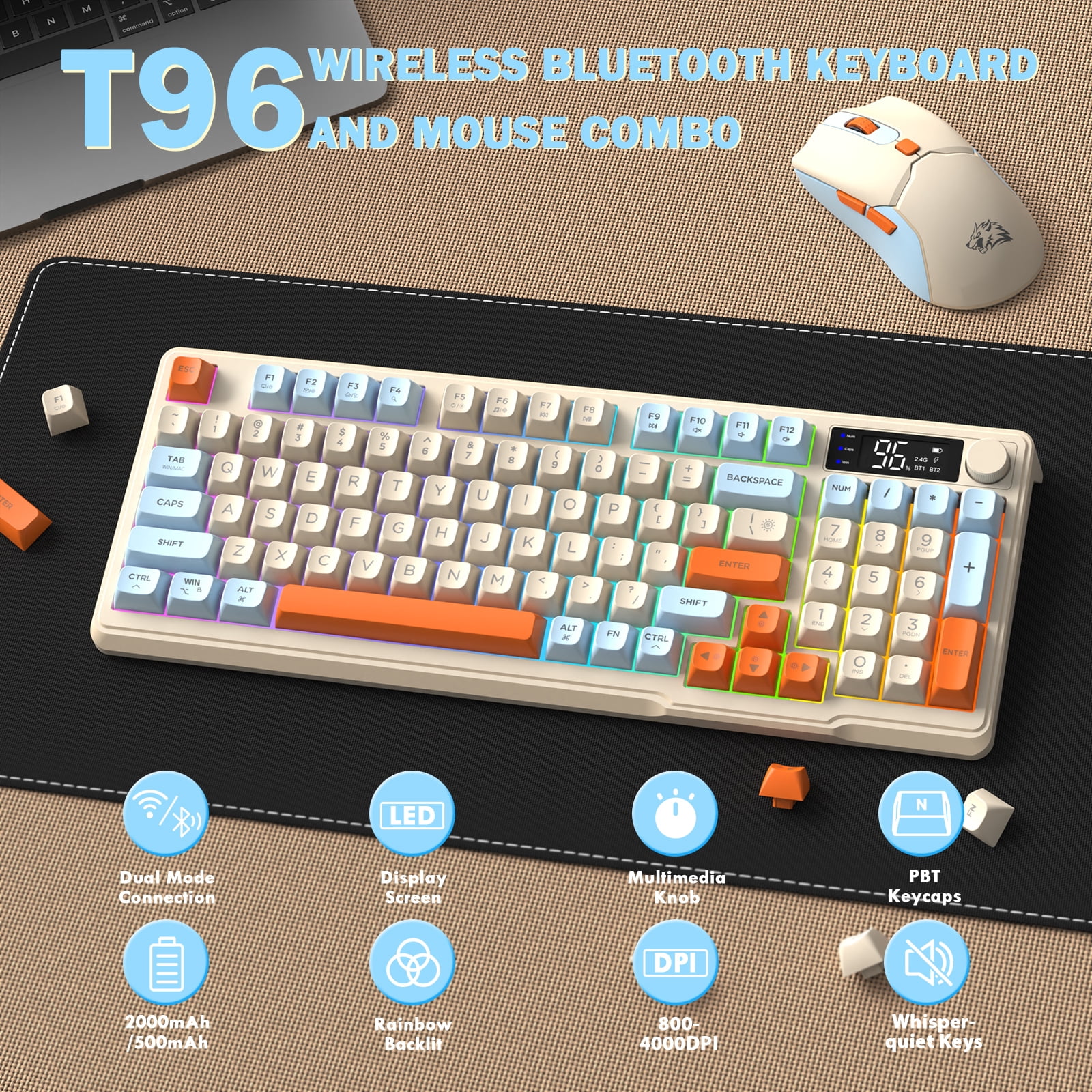 ZIYOU LANG T96 Wireless Gaming Keyboard and Mouse Combo, Dual Bluetooth//2.4G RGB Backlit Mechanical Feeling Keyboard with Smart Display & Knob, 4000 DPI Gaming Mouse for PC Laptop Mac Wins