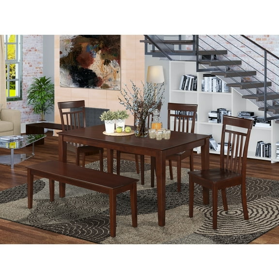 Kitchen Dining Set 6 Piece Table & Chairs Bench Mahogany Finish 36x60 Inch