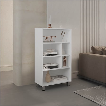 JERFIT 40 Inch White Freestanding Storage Cabinet, 4-Tier Organizer Shelf with 6 Open Cubbies for Living Room, Office, Entryway