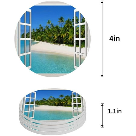 

ZHANZZK White Wood Window Hawaiian Beach Clear Island Set of 4 Round Coaster for Drinks Absorbent Ceramic Stone Coasters Cup Mat with Cork Base for Home Kitchen Room Coffee Table Bar Decor