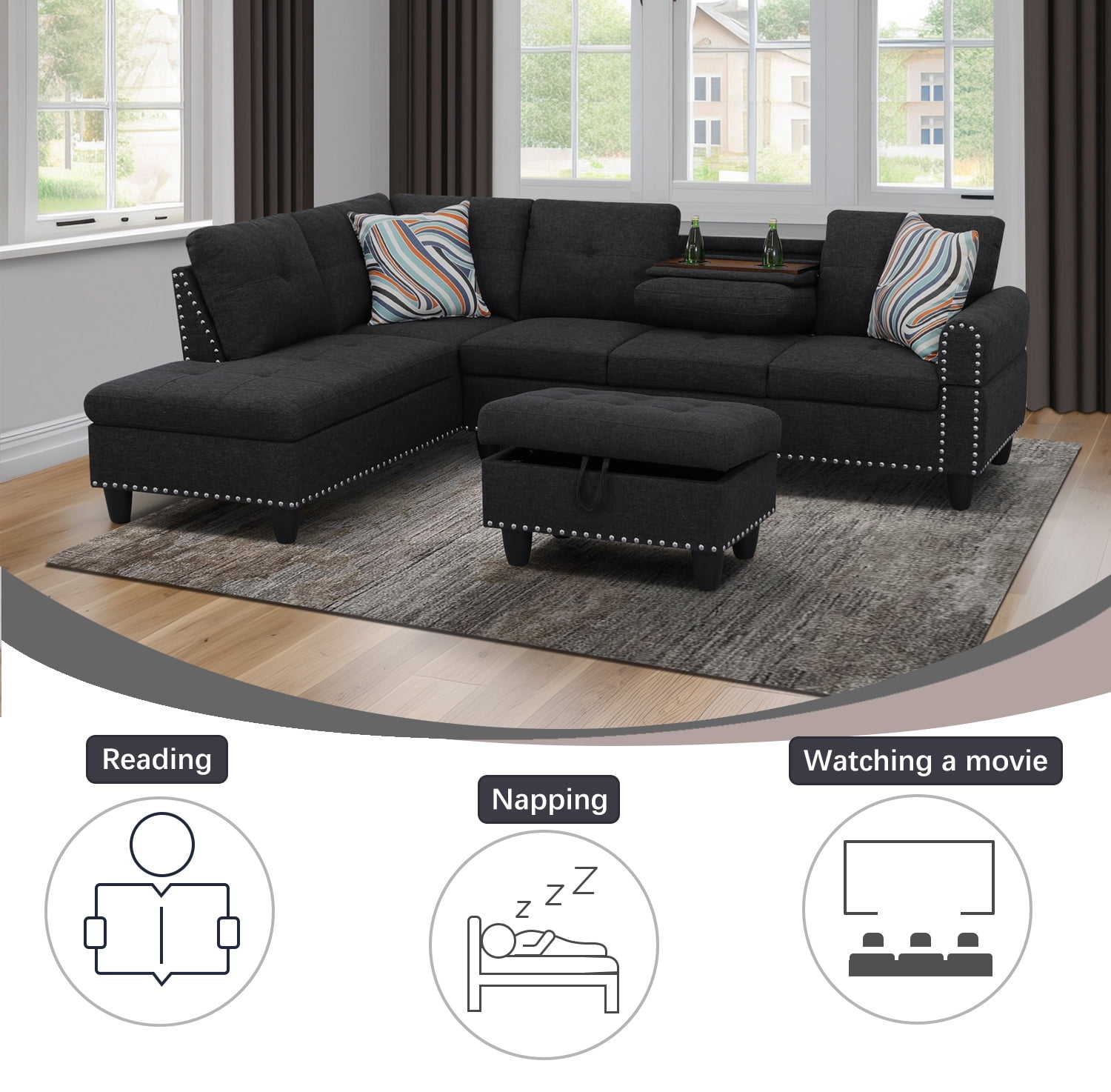 Wzlam Sectional Couch for Living Room Furniture Sets, Black Grey Linen L Shape Chaise with Storage Ottoman, Modern 3 Piece Sofa Sets for Bedrooms, Apartments and Offices(Facing Left Chaise)