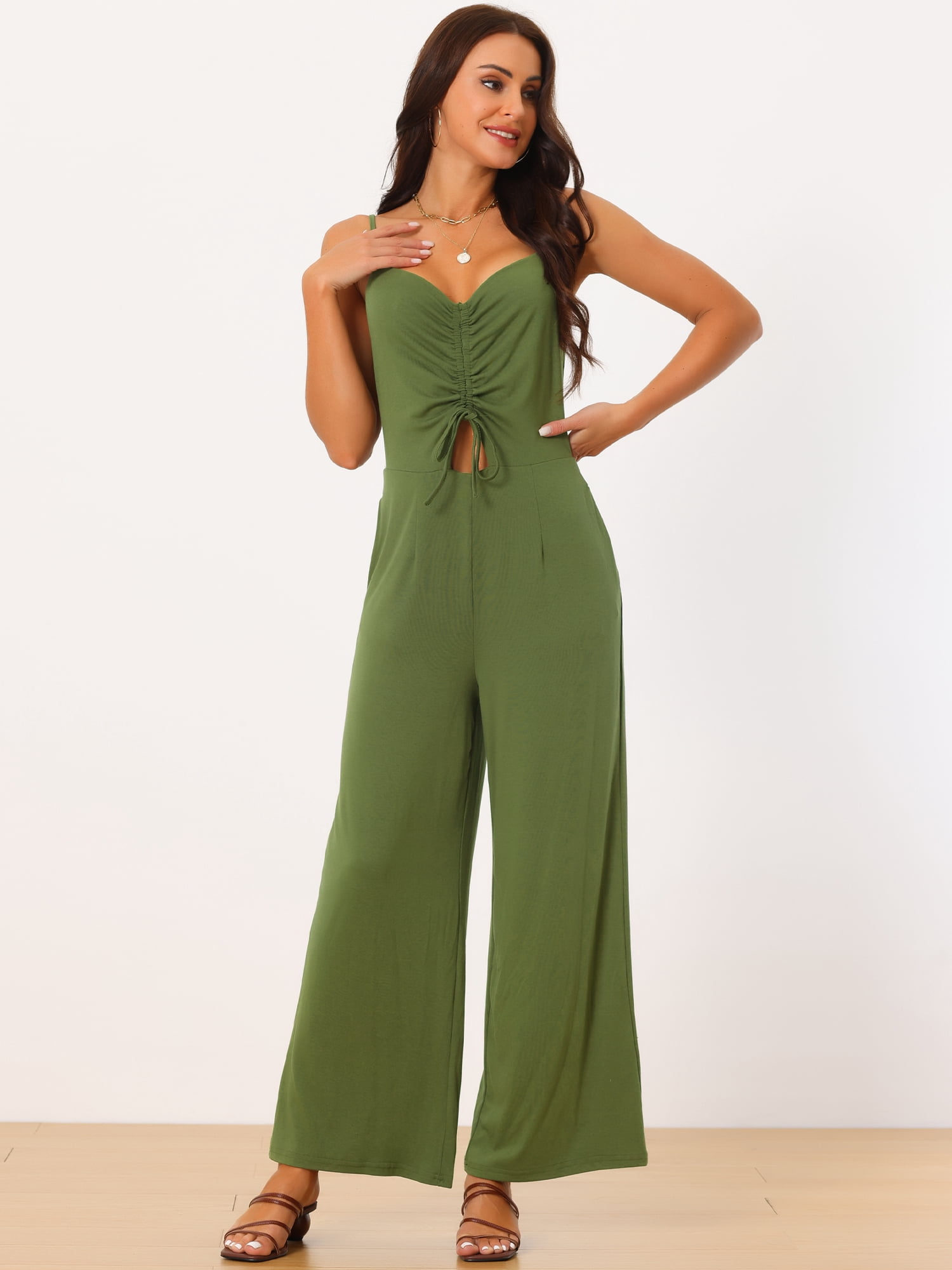 DARING DIVA Women's V Neck Ruched Drawstring Sleeveless Wide Leg Jumpsuits XL Army Green