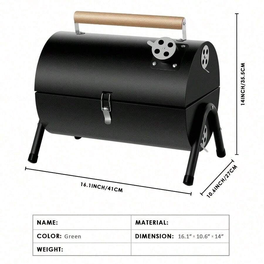 Compact Portable Charcoal Grill Barrel - Double Sided Collapsible Design, Great For Outdoor Cooking And Camping, Black Stainless Steel Smoker With Wooden Handle,