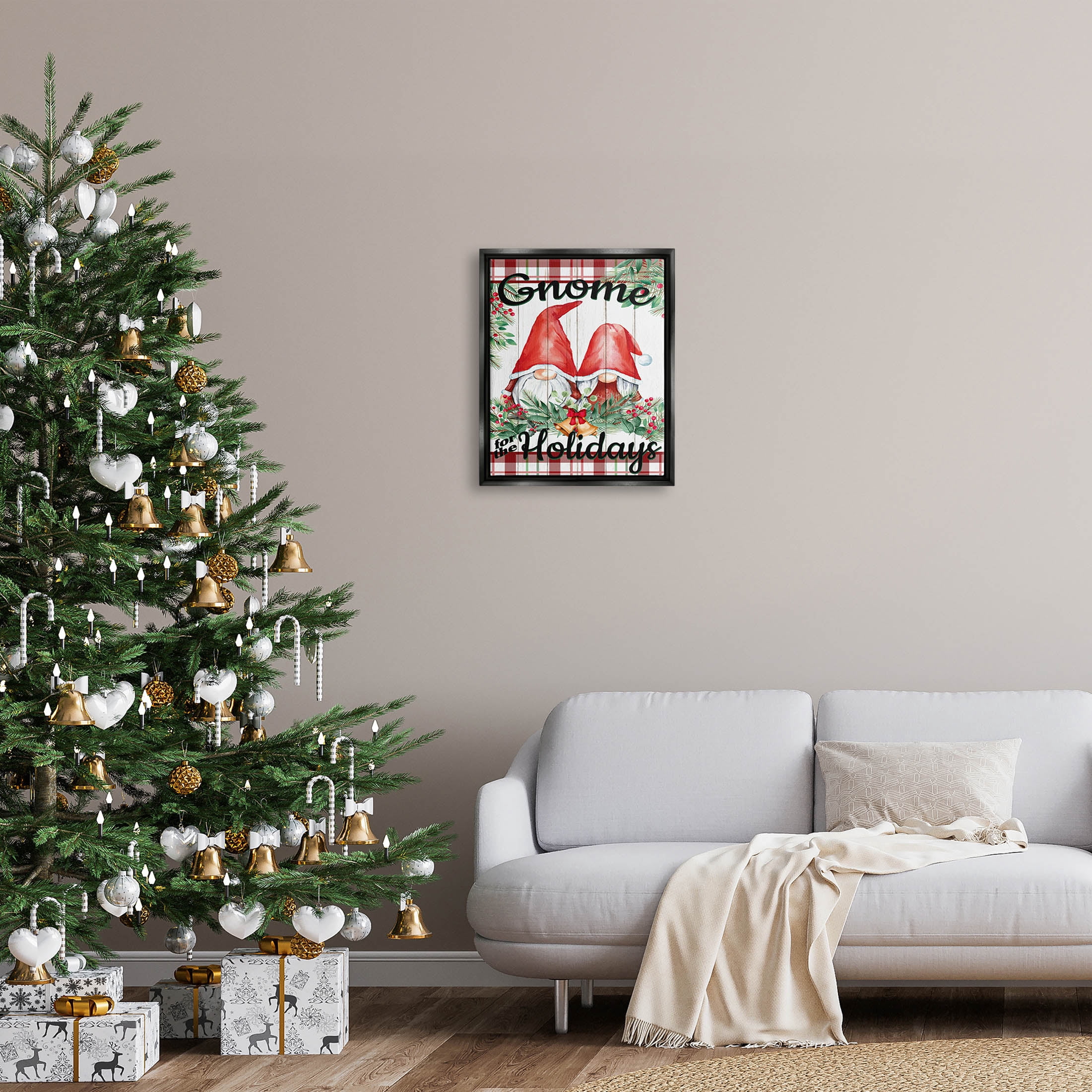 Stupell Industries Gnome For The Holidays Plaid Graphic Art Jet Black Floating Framed Canvas Print Wall Art, Design by Kim Allen