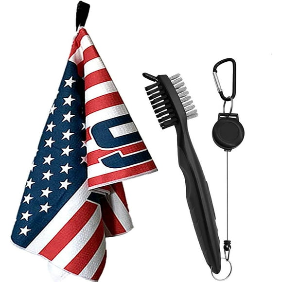Golf Towels for Golf Bags with Clip and Brush Set 14″x42″ USA Flag Pattern Grommet Personalized Clubs Cleaning Tools for Men Women (USA Flag+Brush)