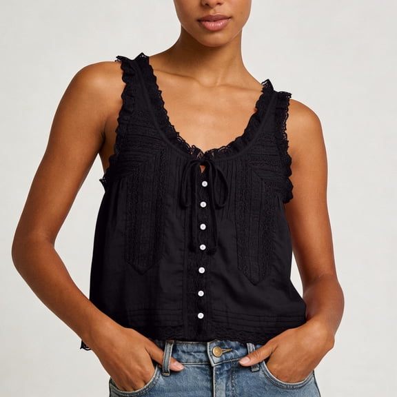 Qulqfy Womens Tank Tops Cotton Black Sleeveless Lace Crew Neck Casual Flowy Button Down Tunic Summer Tops L