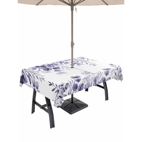 Outdoor Tablecloths with Umbrella Hole & Zipper, Purple Eucalyptus Leaves Rectangle Tablecloth 52x70 Inch, Spring Summer Botanical Waterproof Table Cloth, Patio/Pool/Picnic Table Covers