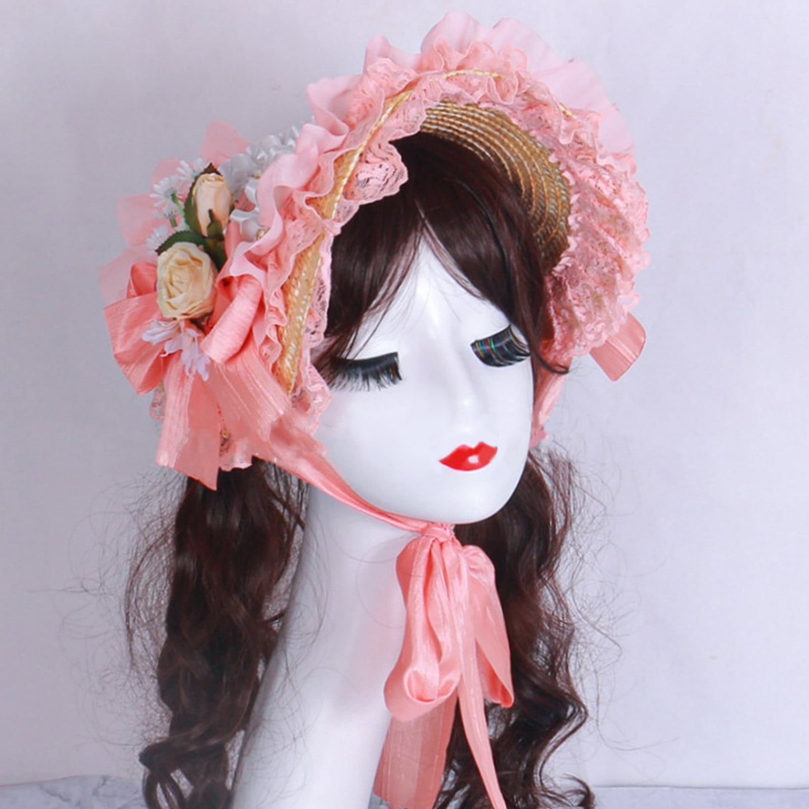 Lace Trim Flower Bonnet Hat For Cocktail Party Cosplay Costume Straw Sun Hat for Vacation Picnics and Formal Occasion