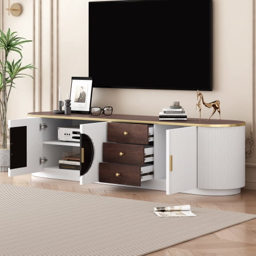 70.8 Inch Modern Minimalist TV Stand for TVs up to 80 Inches, Wood Grain Entertainment Center with 2 Glass Door Cabinets, 3 Drawers and Interior Shelf, White