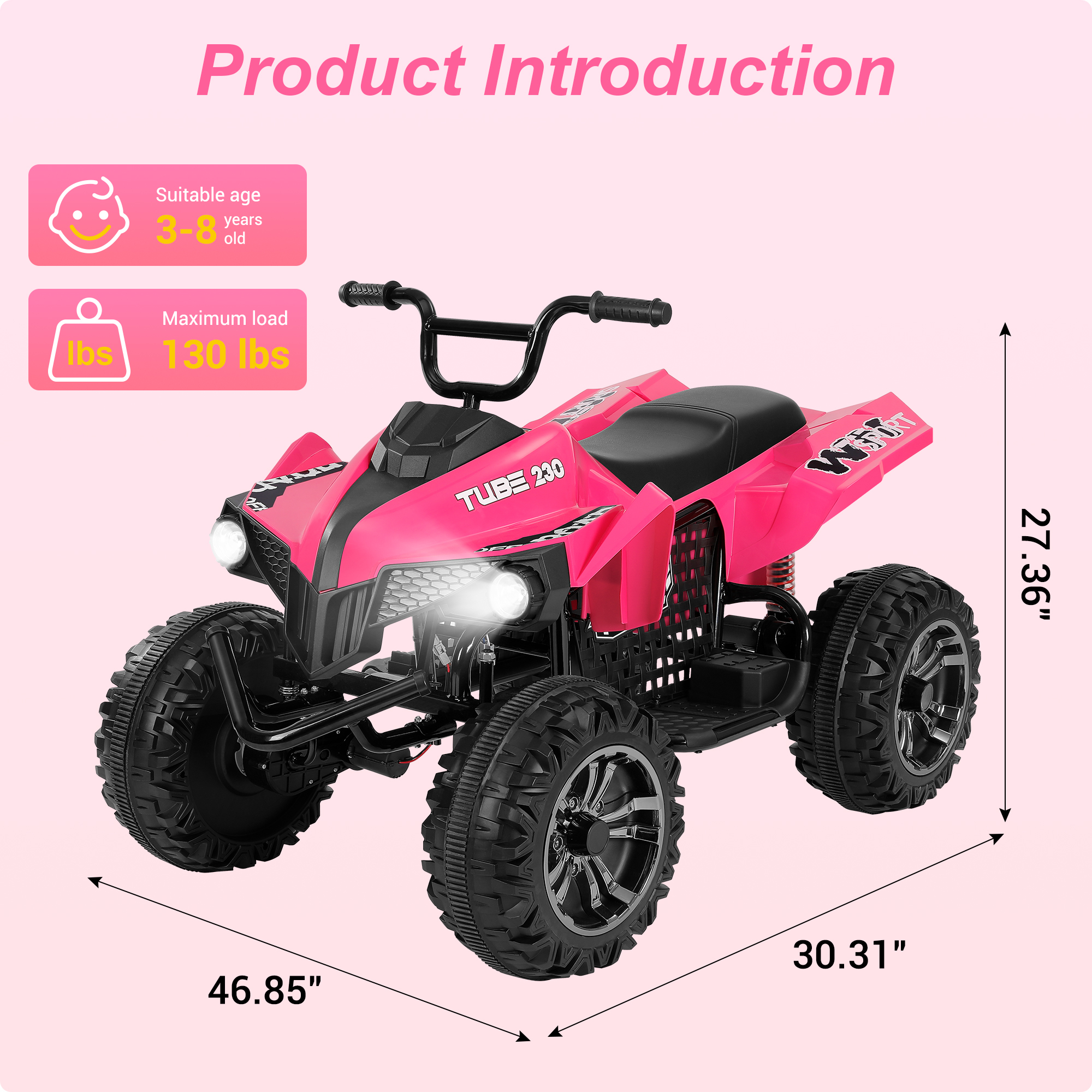 Neche 24V 2 Seater Ride on Toy, 4*200W Motors,9AH Battery Powered ,4-Wheeler Kids ATV with Bluetooth & LED lights, for Ages 3-8,Pink