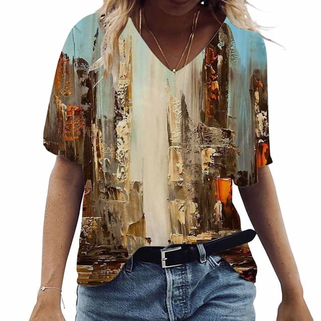 ICHUANYI Clearance Women's Fashion Casual Plus Size Scenic Flowers Printing V-Neck T-Shirt Tops(Khaki, S) ICHUANYI WER2023081506588
