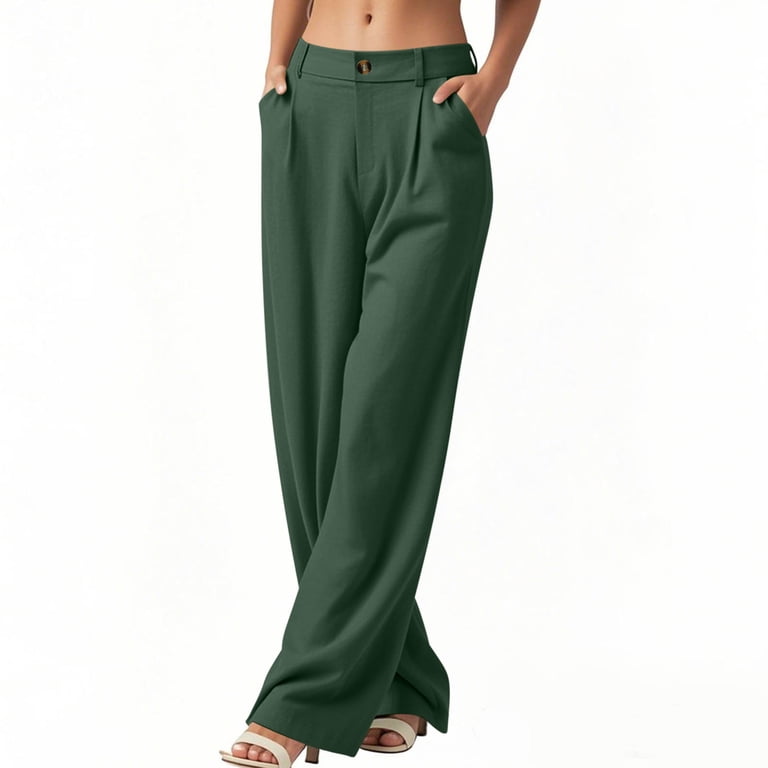 Wdfiry Dress Pants for Womens Cotton and Linen Wide Leg Button Business Work Trousers Full Length High Waist Pockets Comfy Office Casual Pants Slacks