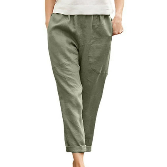 Frontwalk Women Elastic Waist Pants Solid Color Casual Loose Comfy Pant Classic Fit Straight Trousers with Pockets